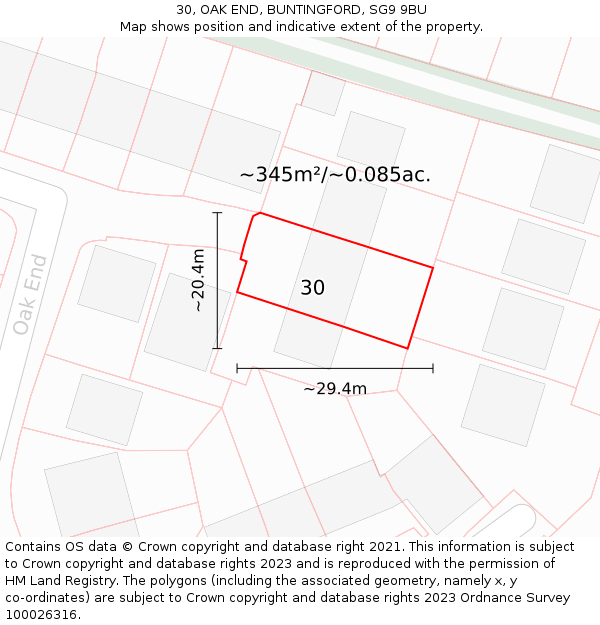 30, OAK END, BUNTINGFORD, SG9 9BU: Plot and title map