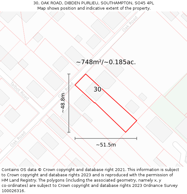 30, OAK ROAD, DIBDEN PURLIEU, SOUTHAMPTON, SO45 4PL: Plot and title map