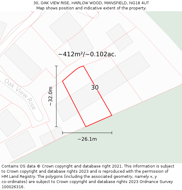 30, OAK VIEW RISE, HARLOW WOOD, MANSFIELD, NG18 4UT: Plot and title map