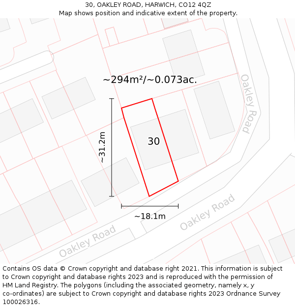 30, OAKLEY ROAD, HARWICH, CO12 4QZ: Plot and title map