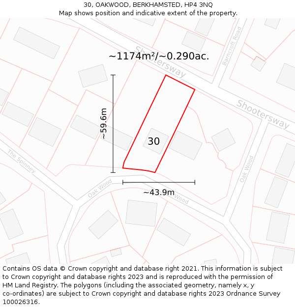 30, OAKWOOD, BERKHAMSTED, HP4 3NQ: Plot and title map