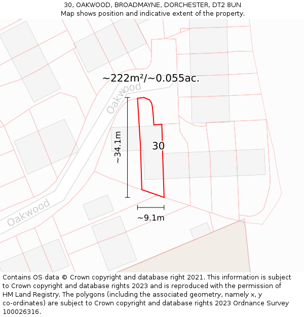 30, OAKWOOD, BROADMAYNE, DORCHESTER, DT2 8UN: Plot and title map