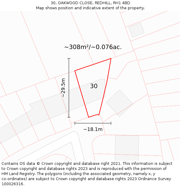 30, OAKWOOD CLOSE, REDHILL, RH1 4BD: Plot and title map