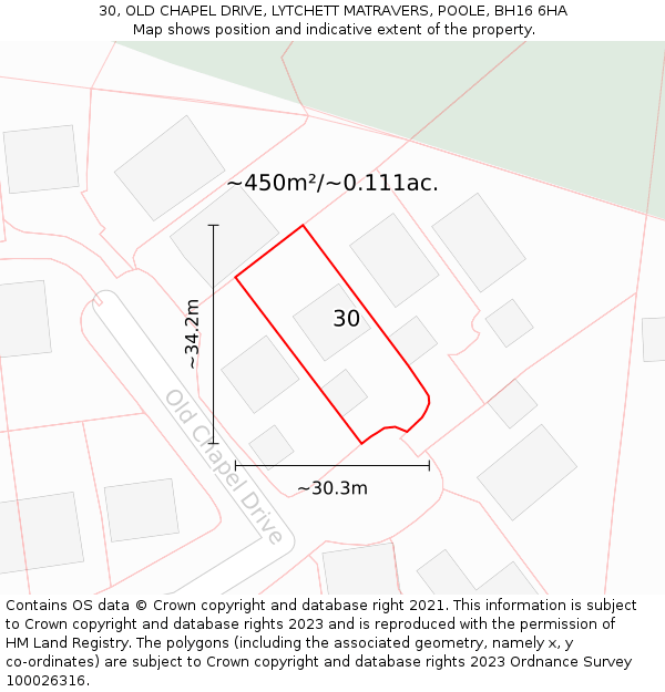 30, OLD CHAPEL DRIVE, LYTCHETT MATRAVERS, POOLE, BH16 6HA: Plot and title map
