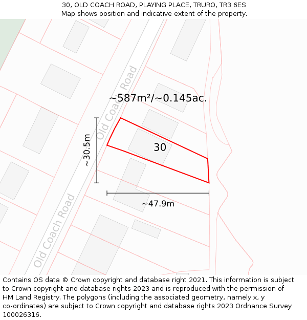 30, OLD COACH ROAD, PLAYING PLACE, TRURO, TR3 6ES: Plot and title map