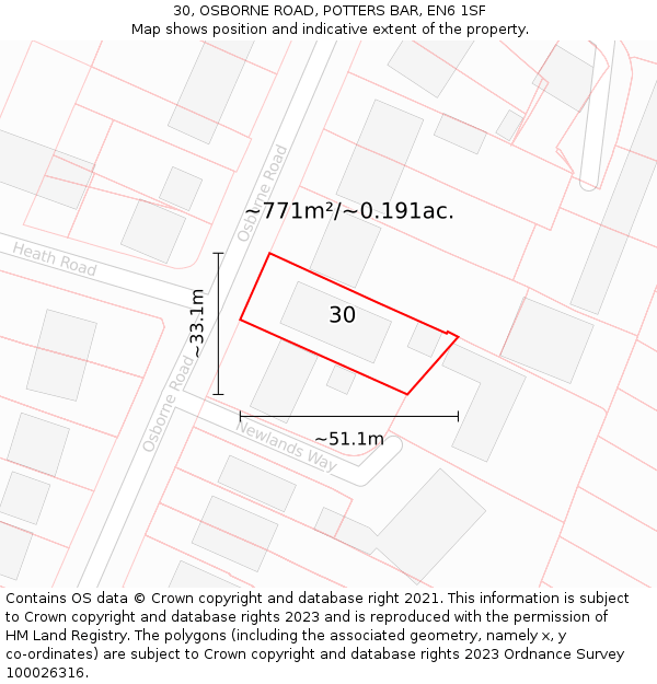 30, OSBORNE ROAD, POTTERS BAR, EN6 1SF: Plot and title map