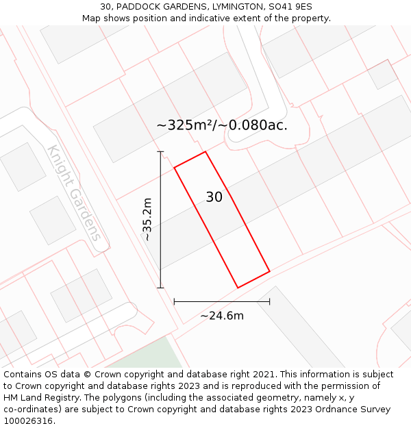 30, PADDOCK GARDENS, LYMINGTON, SO41 9ES: Plot and title map