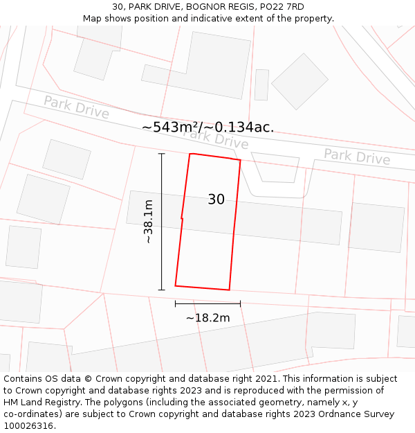 30, PARK DRIVE, BOGNOR REGIS, PO22 7RD: Plot and title map