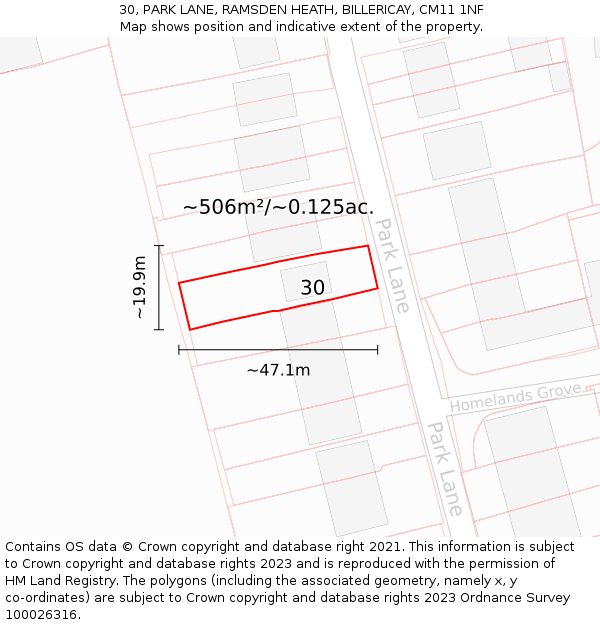 30, PARK LANE, RAMSDEN HEATH, BILLERICAY, CM11 1NF: Plot and title map