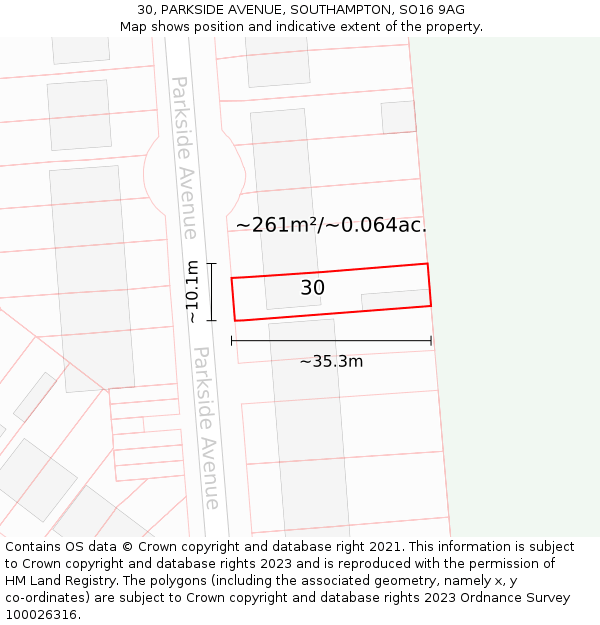 30, PARKSIDE AVENUE, SOUTHAMPTON, SO16 9AG: Plot and title map