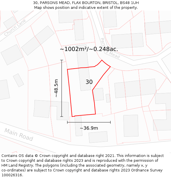 30, PARSONS MEAD, FLAX BOURTON, BRISTOL, BS48 1UH: Plot and title map