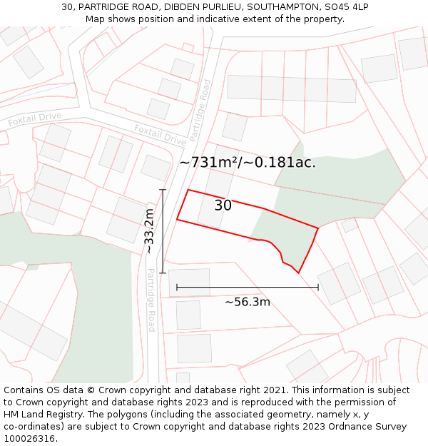 30, PARTRIDGE ROAD, DIBDEN PURLIEU, SOUTHAMPTON, SO45 4LP: Plot and title map