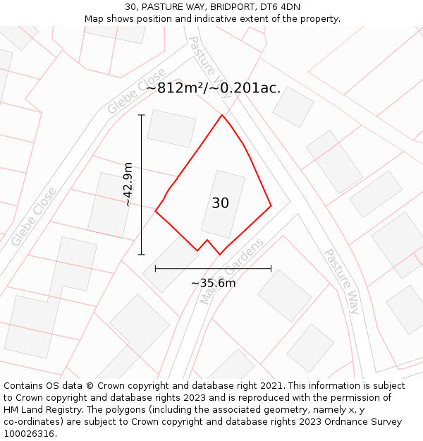 30, PASTURE WAY, BRIDPORT, DT6 4DN: Plot and title map