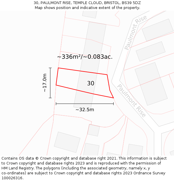 30, PAULMONT RISE, TEMPLE CLOUD, BRISTOL, BS39 5DZ: Plot and title map