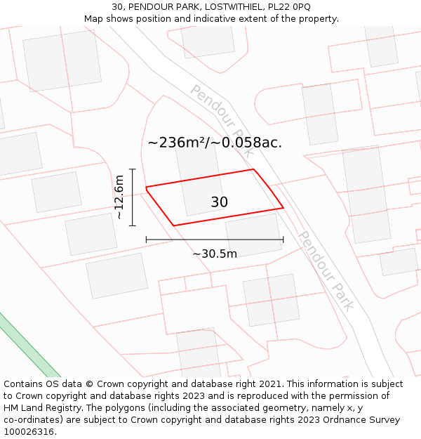 30, PENDOUR PARK, LOSTWITHIEL, PL22 0PQ: Plot and title map