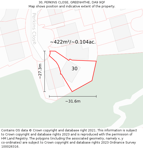 30, PERKINS CLOSE, GREENHITHE, DA9 9QF: Plot and title map