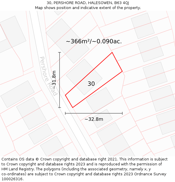 30, PERSHORE ROAD, HALESOWEN, B63 4QJ: Plot and title map