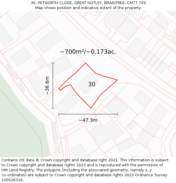 30, PETWORTH CLOSE, GREAT NOTLEY, BRAINTREE, CM77 7XS: Plot and title map