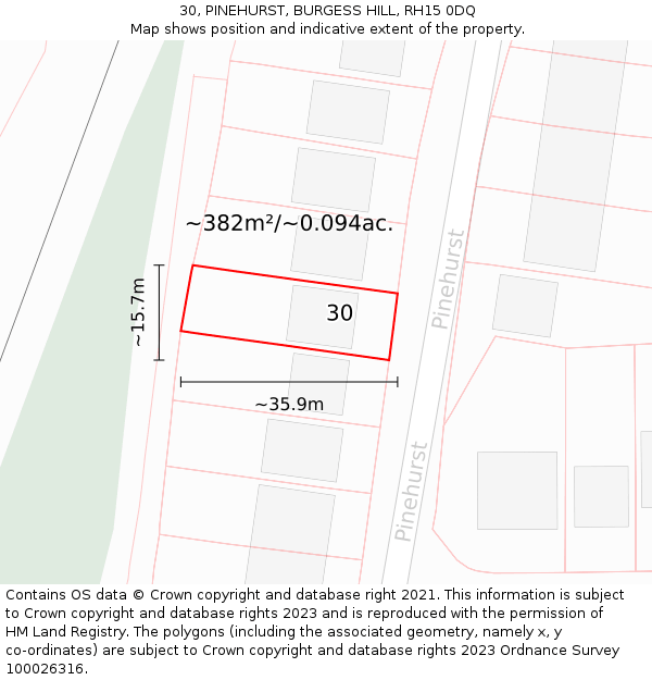 30, PINEHURST, BURGESS HILL, RH15 0DQ: Plot and title map