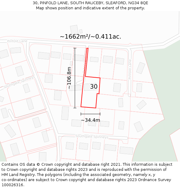 30, PINFOLD LANE, SOUTH RAUCEBY, SLEAFORD, NG34 8QE: Plot and title map