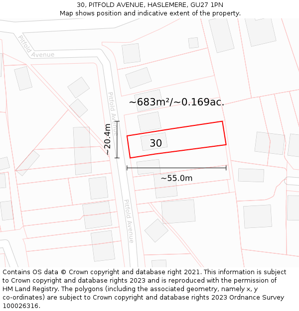 30, PITFOLD AVENUE, HASLEMERE, GU27 1PN: Plot and title map