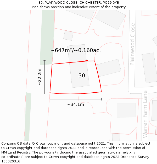 30, PLAINWOOD CLOSE, CHICHESTER, PO19 5YB: Plot and title map