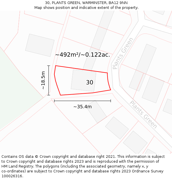 30, PLANTS GREEN, WARMINSTER, BA12 9NN: Plot and title map