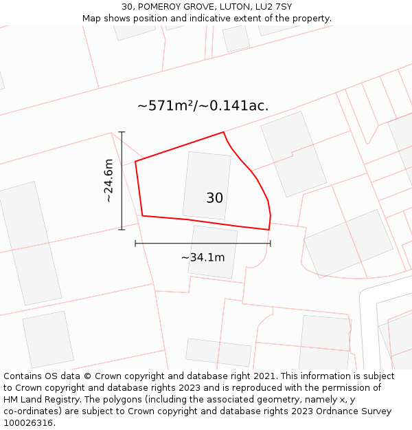 30, POMEROY GROVE, LUTON, LU2 7SY: Plot and title map