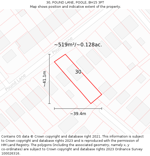 30, POUND LANE, POOLE, BH15 3PT: Plot and title map