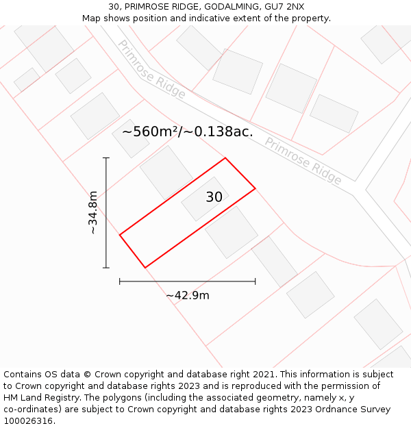 30, PRIMROSE RIDGE, GODALMING, GU7 2NX: Plot and title map