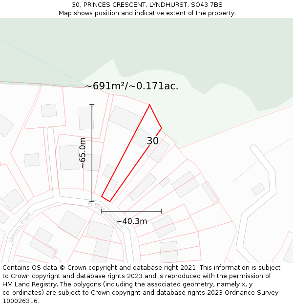 30, PRINCES CRESCENT, LYNDHURST, SO43 7BS: Plot and title map