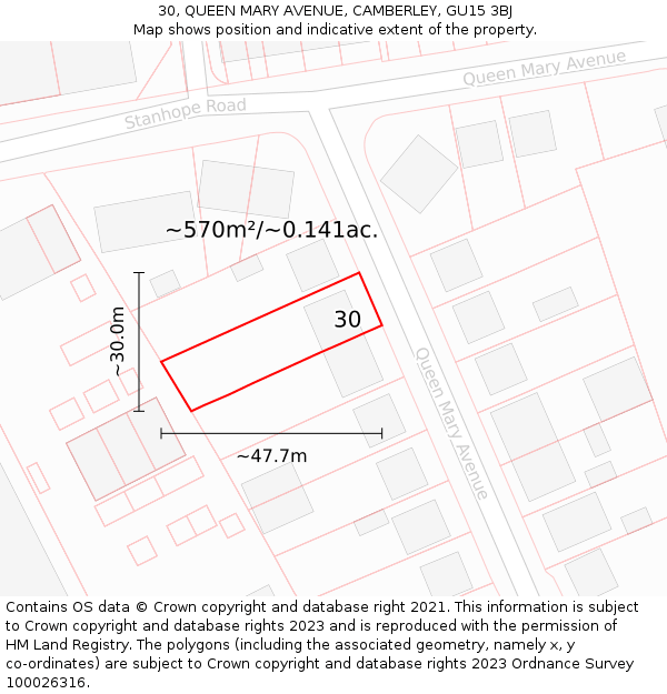 30, QUEEN MARY AVENUE, CAMBERLEY, GU15 3BJ: Plot and title map