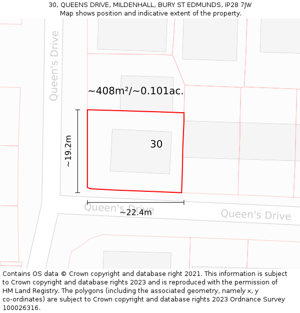 30, QUEENS DRIVE, MILDENHALL, BURY ST EDMUNDS, IP28 7JW: Plot and title map