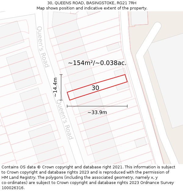 30, QUEENS ROAD, BASINGSTOKE, RG21 7RH: Plot and title map