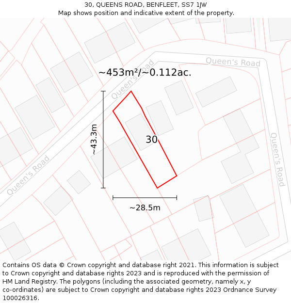 30, QUEENS ROAD, BENFLEET, SS7 1JW: Plot and title map