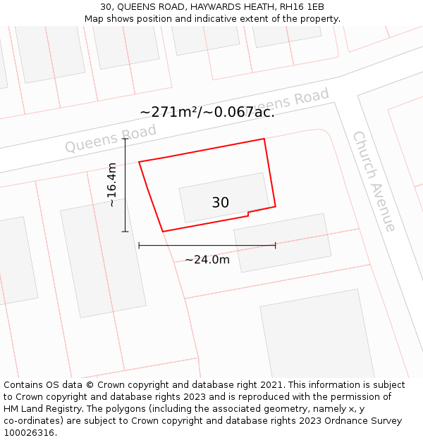 30, QUEENS ROAD, HAYWARDS HEATH, RH16 1EB: Plot and title map