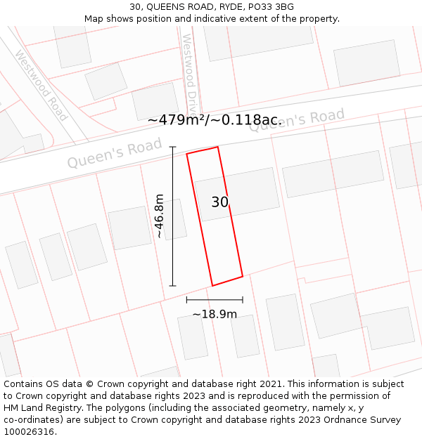 30, QUEENS ROAD, RYDE, PO33 3BG: Plot and title map