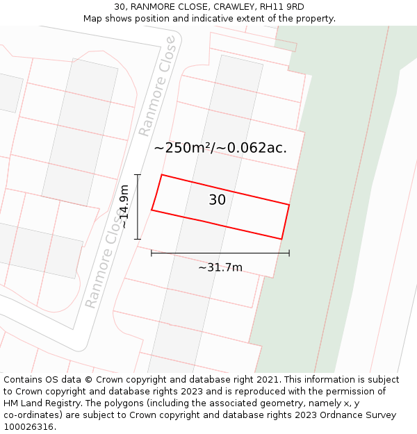 30, RANMORE CLOSE, CRAWLEY, RH11 9RD: Plot and title map