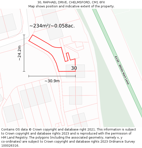 30, RAPHAEL DRIVE, CHELMSFORD, CM1 6FX: Plot and title map