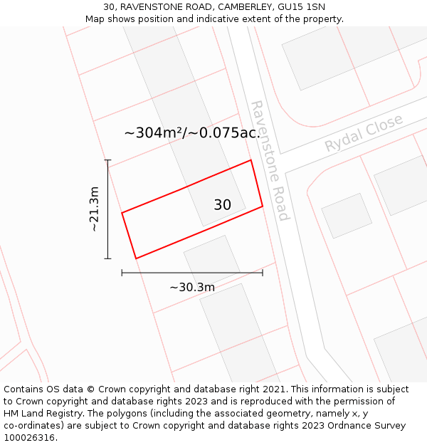 30, RAVENSTONE ROAD, CAMBERLEY, GU15 1SN: Plot and title map