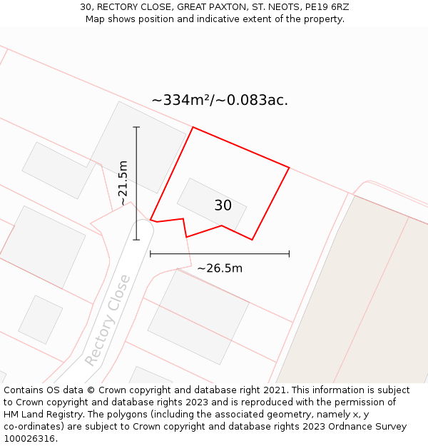 30, RECTORY CLOSE, GREAT PAXTON, ST. NEOTS, PE19 6RZ: Plot and title map