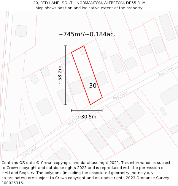 30, RED LANE, SOUTH NORMANTON, ALFRETON, DE55 3HA: Plot and title map