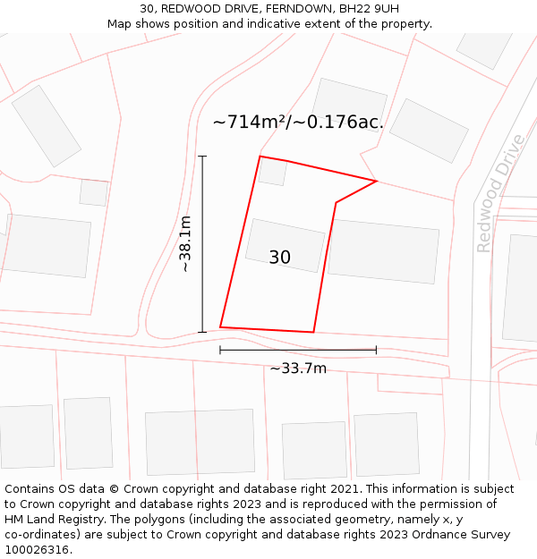 30, REDWOOD DRIVE, FERNDOWN, BH22 9UH: Plot and title map