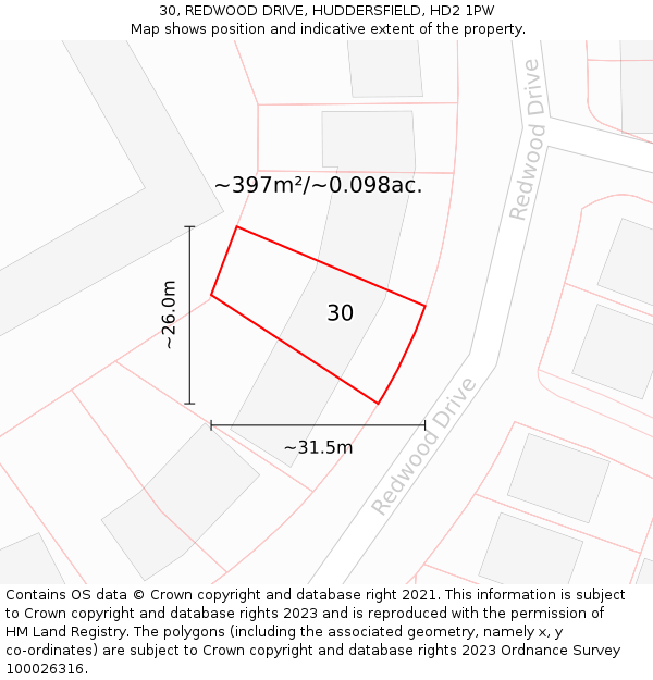 30, REDWOOD DRIVE, HUDDERSFIELD, HD2 1PW: Plot and title map