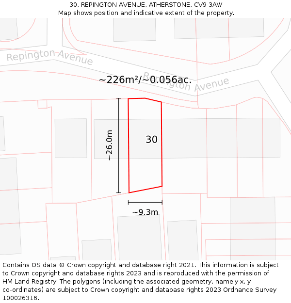 30, REPINGTON AVENUE, ATHERSTONE, CV9 3AW: Plot and title map