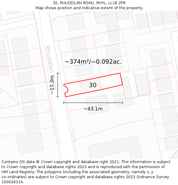 30, RHUDDLAN ROAD, RHYL, LL18 2PR: Plot and title map