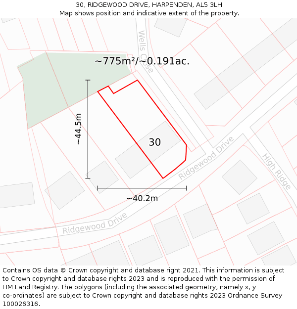 30, RIDGEWOOD DRIVE, HARPENDEN, AL5 3LH: Plot and title map