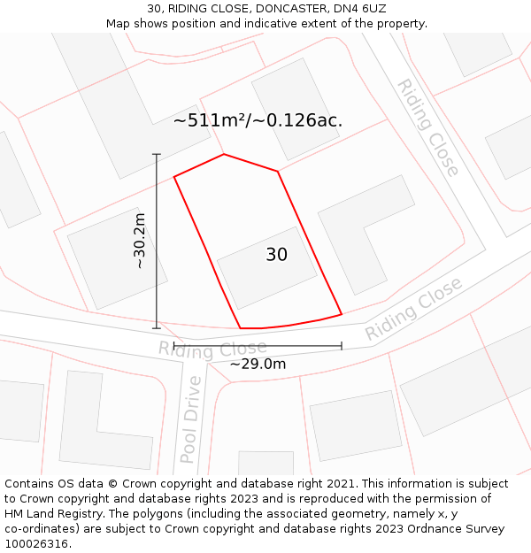 30, RIDING CLOSE, DONCASTER, DN4 6UZ: Plot and title map