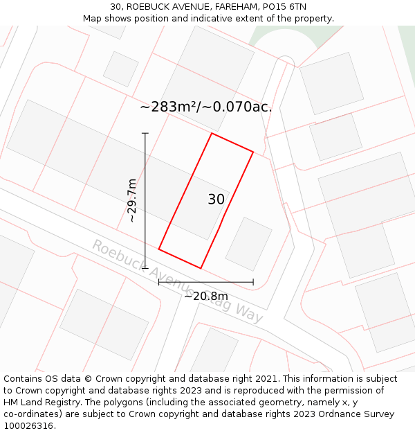 30, ROEBUCK AVENUE, FAREHAM, PO15 6TN: Plot and title map