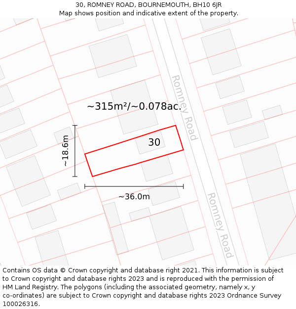 30, ROMNEY ROAD, BOURNEMOUTH, BH10 6JR: Plot and title map